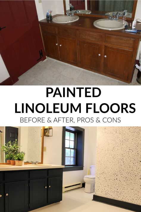 Painted Linoleum Floors: Before and After, Pros and Cons - Cabin Lane Linoleum Flooring Makeover, Painted Linoleum Floors, Rustoleum Floor Paint, Linoleum Flooring Kitchen, Painted Linoleum, Linoleum Kitchen Floors, Painting Linoleum Floors, Painted Bathroom Floors, Black Bathroom Floor