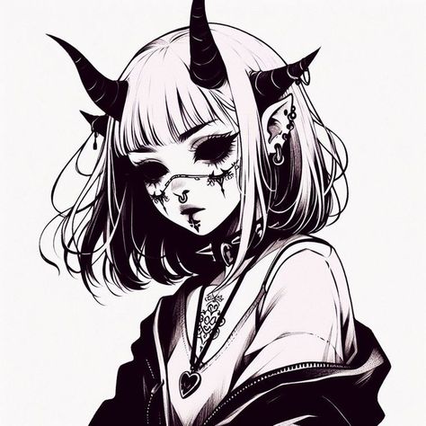 Demon Girl Character Design, Black And White Discord Pfp, Pfp With Headphones, Demonic Pfp, Demon Girl Pfp, Demon Girl Drawing, Gothic Pfp Aesthetic, Pfp Headphones, Demon Girl Art