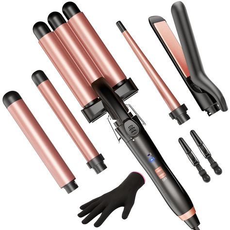 5 in 1 Wand Curling Iron-Kinked Curling Wand Set with Flat Iron Hair Straightener, 3 Barrels Hair Crimper, 3 Ceramic Curling Irons (0.35"-1.25"), 2 Temps Fast Heat Hair Waver Curler with Glove & Clip Tapered Curling Wand, Spiral Curling Iron, Wave Curling Iron, Waves With Curling Iron, Wand Curling Iron, Hair Sleek, Hair Curling Iron, Curling Wand Set, Flat Iron Hair