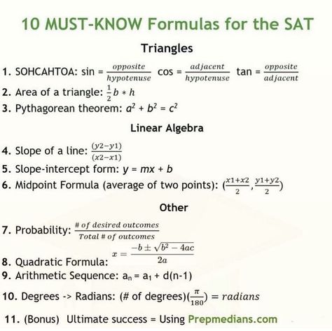 Act Tips Math, Sat Prep Notes, Math Study Tips High Schools, Sat Study Plan 1 Month, 1600 Sat Aesthetic, Sat Study Tips, Act Prep Tips Math, Sat Math Formulas, Sat Formulas