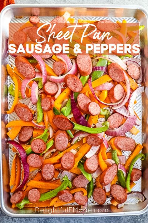 Baked Sausage and Peppers | Sheet Pan Sausage and Peppers Sausage Peppers Recipes, Baked Sausage And Peppers, Sheet Pan Sausage And Peppers, Sausage And Peppers Recipe, Baked Sausage, Sheet Pan Sausage, Baking Recipes Healthy, Completely Delicious, Sausage Peppers