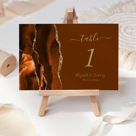 Brown Wedding Themes, Modern Wedding Table, Custom Table Numbers, Wedding Reception Guest, Table Number Card, Burnt Orange Weddings, Elegant Modern Wedding, Agate Wedding, Orange Watercolor