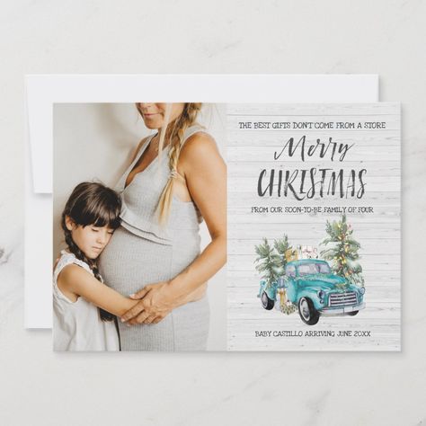 Rustic Farmhouse Christmas Pregnancy Announcement | #pregnancyannouncementcards #rusticfarmhouse #vintagebluetruck #whitebarnwood #watercolor #christmasholiday #turquoisebluetruck #countryfarmtruck #addyourphoto #typography Pregnancy Announcement Christmas Card, Christmas Card Pregnancy Announcement, Holiday Pregnancy Announcement, Rustic Farmhouse Christmas, Pregnancy Announcement Cards, Christmas Pregnancy Announcement, Christmas Pregnancy, Pregnancy Announcements, Photo Greeting Cards