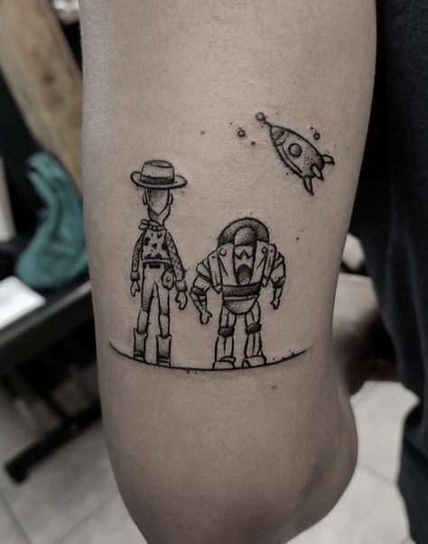 Toy story Toy Story Traditional Tattoo, Toy Story Sleeve Tattoo, Andy Tattoo Toy Story, Disney Tattoos Toy Story, Buzz Tattoo Toy Story, To Infinity And Beyond Tattoo Toy Story, Toy Story Small Tattoo, Woody Buzz Tattoo, Matching Toy Story Tattoos