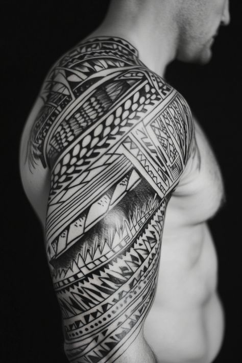 Man with elaborate tribal tattoo sleeve on his right arm and shoulder. Unique Hawaiian Tattoo, Hawaiian Men Tattoos, Men’s Hawaiian Tattoos, Hawaiian Scene Tattoo, Hawaiian Turtle Tattoos Men, Pineapple Tattoo, Small Shark, Polynesian Culture, Hawaiian Tattoo