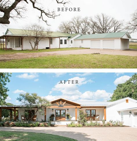 Best House Exterior Renovations By Joanna Gaines; Here are the best before and after reveals on the show Fixer Upper. House Front, Curb Appeal and Home Front. || country House, bungalow, major Reno Rancher Additions, Ranch House Remodel, Exterior House Renovation, Architecture Renovation, Ranch House Exterior, Ranch Remodel, Ranch Style House, Home Exterior Makeover, Exterior Renovation