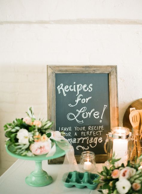 10 Great Ways to Get Guests Involved at Your Wedding | weddingsonline Wedding Guest Book Recipes, Recipe Book Bridal Shower Ideas, Jenga Bridal Shower Guest Book, Recipe For Love Bridal Shower Decor, Sign The Wine Bottle Guest Books, Sign Wine Bottle Guest Book, Bridal Shower Recipe Book, Blackboard Wedding, Alternative Wedding Favors