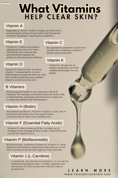 Several vitamins are known to be beneficial for skin health and can help clear the skin. Skin Vitamins For Women, Vitamin E Skin Benefits, Vitamins For Anti Aging, Clove Skin Benefits, Vitamins For Good Skin, Vitamin For Acne Clear Skin, Clear Skin Herbs, Vitamin A Benefits Skin, Vitamins For Skin Acne