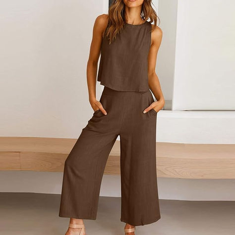 Sleeveless Crop Top Capri Wide Leg Pants Matching Lounge Set Linen Sets Wide Leg Linen Beachwear Bottoms, Matching Lounge Set, Linen Crop Top, Linen Crops, Activewear Sets, Linen Set, Sleeveless Crop Top, Wide Pants, Summer Cotton