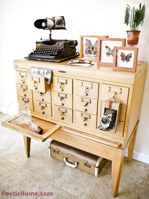 The Cottage Market: 25 Upcycled Lockers and Card Catalogs Its SCHOOL TIME! Library Card Catalog Cabinet, Card Catalog Cabinet, Library Card Catalog, Old Library, Card Catalog, Vintage Library, School Furniture, Library Card, Typewriter