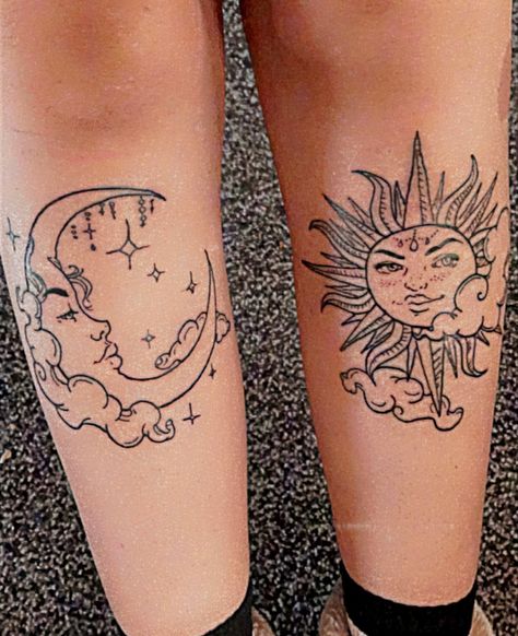 Sun And Moon Shin Tattoo, Boho Tattoo Ideas, Shin Tattoos, Body Collage, Trippy Tattoo Ideas, Ink Tattoo Ideas, Bold Tattoo, Boho Tattoo, Shin Tattoo