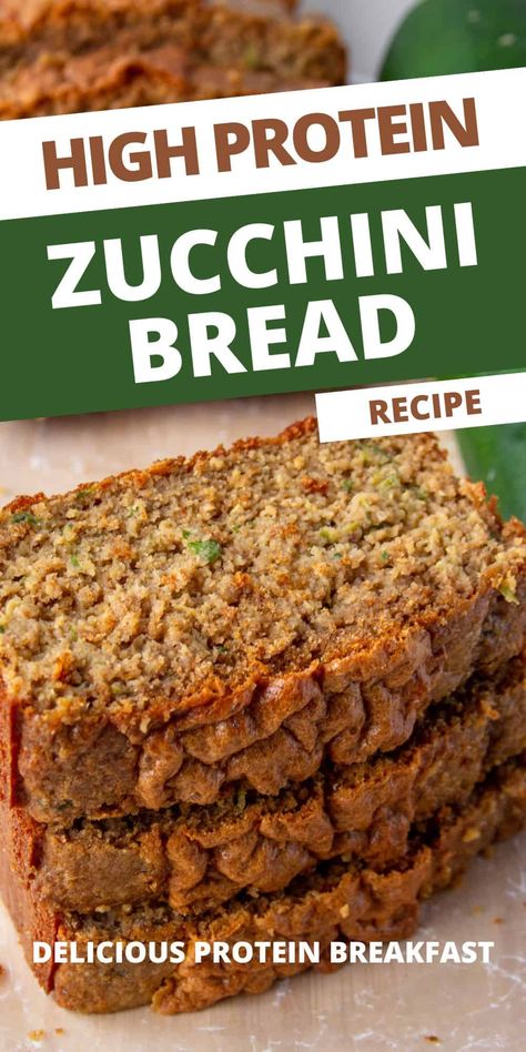 This delicious high protein zucchini bread recipe is made with healthy ingredients like shredded zucchini, Greek yogurt, oat flour, and whey protein powder, perfect for satisfying your sweet tooth while boosting your daily protein intake. This easy-to-make, healthy zucchini bread makes a delicious protein breakfast or anytime snack! High Protein Breakfast Bread, Protein Quick Bread, High Protein Bread Recipe, Zucchini Greek Yogurt, Protein Zucchini Bread, Wheat Free Bread Recipes, Zucchini Greek, High Protein Bread, Protein Bread Recipe