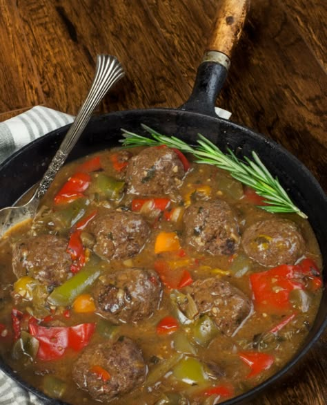 Cajun Meatballs and Peppers - Acadiana Table Meatballs And Peppers, Cajun Meatballs, Cajun Dishes, Cajun Creole Recipes, Sweet Bell Peppers, Cajun Cooking, Louisiana Recipes, Sweet Peppers, Creole Recipes