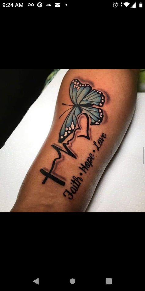 Faith With Butterfly Tattoo, Peace Love And Happiness Tattoo, Love Faith Hope Tattoo, Love Hope Faith Tattoo, Hope Tattoos For Women, Faith Hope Tattoo, Heartbeat Tattoo On Wrist, Love Life Tattoo, Lion Hand Tattoo