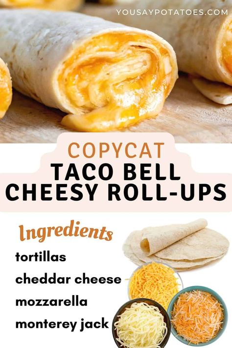 Do you love the Taco Bell Cheesy Roll-Ups? If so, you're going to love this copycat recipe! These rolled quesadillas are made with tortillas and a mix of three kinds of cheese, and they taste just like the real thing. They're quick and easy to make and are great as a party appetizer or an after-school snack. Tortilla Cheese Roll Ups, Taco Bell Cheesy Roll Ups, Cheesy Roll Ups Taco Bell, Copycat Taco Bell Cheese Roll Up, At Home Taco Bell, Fastfood Copycat Recipe, Taco Bell Cheese Roll Up, Easy Snacks With Tortillas, Quesadilla Roll Ups