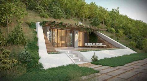 House Built Into Hillside, Case Sotterranee, Earth Sheltered Homes, Casa Hobbit, Sheltered Housing, Earthship Home, Earth Sheltered, Hillside House, Underground Homes