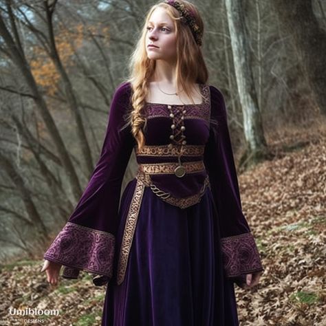 Purple Viking Dress, Medieval Dress Costume, Pretty Medieval Dresses, Medieval Style Dress, Unibloom Dress, Celtic Aesthetic Outfit, Medieval Scottish Clothing, Medieval Royalty Dress, Purple Royal Dress