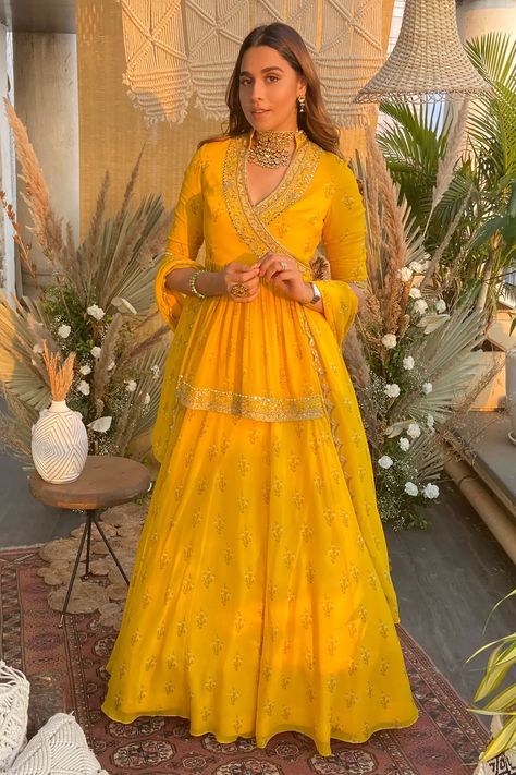 Shop for Sana Barreja Yellow Georgette Irene Embroidered Tunic Lehenga Set for Women Online at Aza Fashions Yellow Indian Outfit, Kurta Lehenga, Haldi Outfits, Haldi Outfit, Angrakha Style, Yellow Lehenga, Lehenga Skirt, Mehandi Design, Yellow Skirt