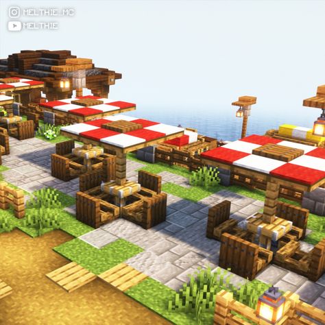 Minecraft Outdoor Restaurant, Minecraft Hot Dog Stand, Market Place Minecraft Build, Minecraft Mini Market, Minecraft Tiki Bar, Food Truck Minecraft, Pub Minecraft, Minecraft Fish Market, Market Place Minecraft