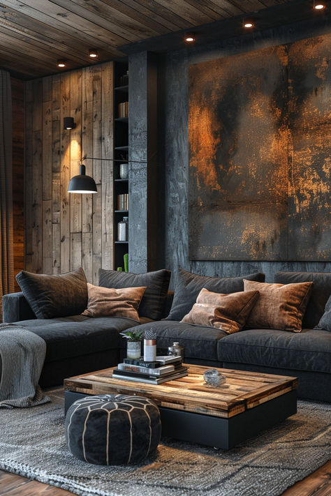 black and brown living room, dark living room, modern living room,living room decor, living room inspiration Charcoal And Wood Living Room, Industrial Black Living Room, Wood Inspired Living Room, Bronze House Decor, Living Room Designs L Couch, Masculine Living Room Decor House, Dark Wood And Metal Decor, Spare Living Room Idea, Black Rustic House Interior Design