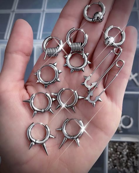 Tomboy Earrings, Punk Earrings Aesthetic, Tomboy Accessories, Piercings Jewelry, Emo Style Pierced Metal Earrings, Punk Pierced Earrings For Streetwear, Punk Style Silver Hoop Earrings, Punk Pierced Hoop Earrings For Streetwear, Silver Metal Punk Hoop Earrings