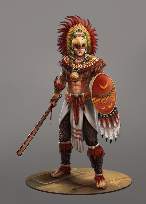 ArtStation - Aztec, Wyn Lacabra; shirtless; indigenous fantasy; D&Digenous; man; male; D&D; pathfinder; dnd; fighter; warrior; Aztec Soldier, Aztec King, Aztec Headdress, Aztec Artwork, Armband Tattoos, Ancient Aztecs, Aztec Culture, Mayan Art, Aztec Tattoo