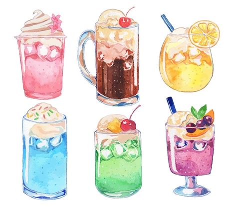 Bubble Tea Flavors, Ice Cream Drinks, Food Clipart, Cute Food Art, Watercolor Fruit, Cream Soda, Flavored Tea, Summer Cards, Pattern Glass