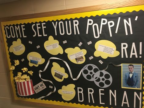 Movie themed, popcorn filled, intro bulletin board #mst #ra #bulletinboards Movie Night Bulletin Board, Ra Movie Theme Bulletin Boards, Movie Themed Bulletin Boards, Movie Bulletin Board Ideas, Popcorn Bulletin Board Ideas, Ra Welcome Bulletin Boards, Ra Bulletin Boards Fall, Christmas Hallways, Meet Your Ra Bulletin Board