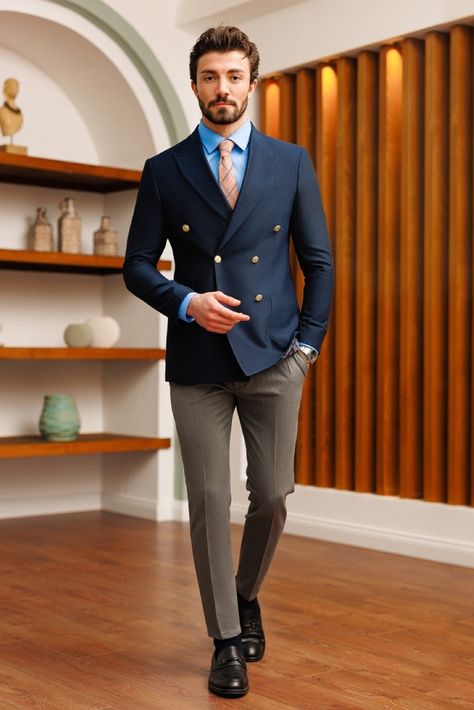 Delve into the world of impeccable fashion with our navy double-breasted blazer, featuring striking peak lapels that exude power and sophistication, making a bold statement wherever you go. #blazer #doublebreasted #suit #formalattire #menstyle #menfashion #gentleman #dapperlook #formalwear #fashioninspo #navyblazer Double Breasted Blazer Men, Man Dress Design, Suit Styles, Suit Stores, Blazer Outfits Men, Slim Fit Suit Men, Mens Fashion Blazer, Slim Fit Tuxedo, Designer Suits For Men