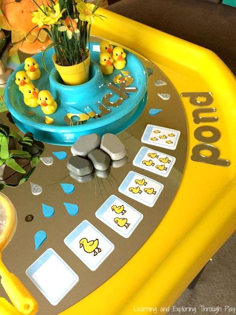 Duck Themed Spring Tuff Tray Spring Tuff Tray Ideas, Spring Tuff Tray, Spring Time Activities, Nursery Rhymes Preschool Crafts, 5 Little Ducks, Dinosaur Small World, Pond Animals, Nursery Rhymes Preschool, Flisat Table