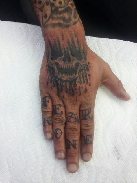 Fear None tattoo lettering with skull Fear None Hand Tattoo, Fear None Tattoo Men, Fear None Tattoo, Hard Tattoos, Hand Tattoos For Guys, Tattoo Lettering, Hand Tattoos, Skull Tattoo, Tattoos For Guys