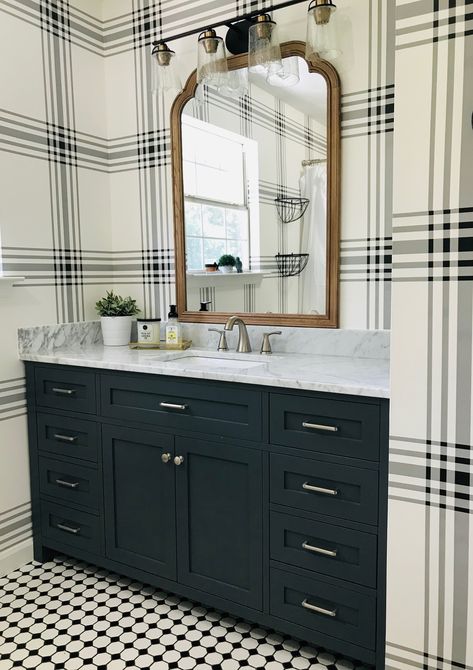 Family Bath Remodel with Hearth & Hand by Magnolia Wallpaper Gingham Wallpaper Bathroom, Black White Bathroom Wallpaper, Black And White Wallpaper In Bathroom, Boys Bathroom Wallpaper, Boy Bathroom Wallpaper, Black And White Bathroom Wallpaper, Magnolia Bathroom, Magnolia Wallpaper, Top Bathroom Design