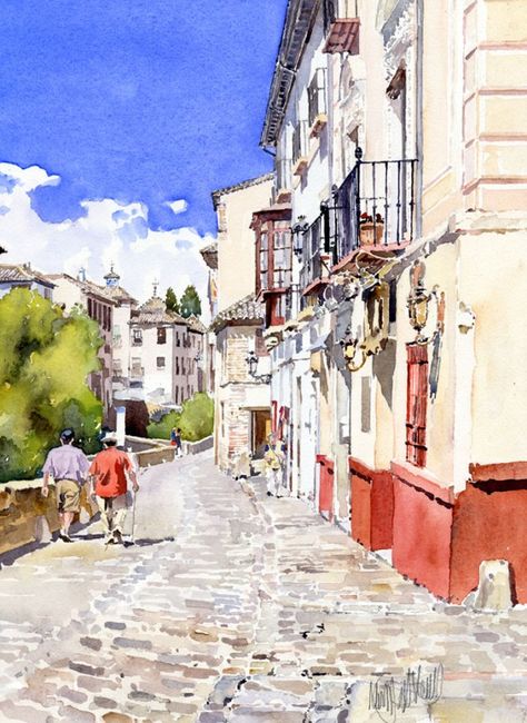 Victoria Art, Watercolor Architecture, Granada Spain, Watercolor Landscape Paintings, Watercolor Sketch, Urban Sketching, Water Painting, Seascape Paintings, Pictures To Paint