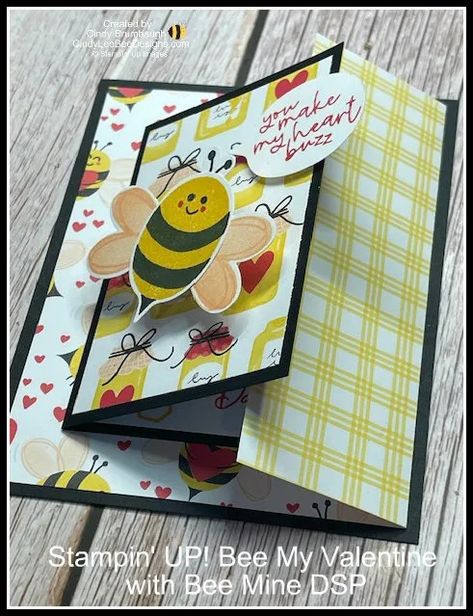 Stampin’ UP! Bee My Valentine Punch Bundle Fun Fold | Cindy Lee Bee Designs Cards With Bees On Them, Stampin Up Bee Cards Handmade, Su Valentine Cards, Stampin Up 2023-2024 Mini Catalog, Stampin Up Happy Birthday Cards, Stampin Up Bee Mine Cards, Stampin Up Bee Mine Suite, New Stampin Up Cards 2023-2024, Bee Mine Stampin Up Cards