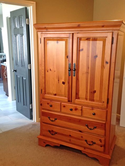 Chalk Paint Furniture Before And After, Painting Pine Furniture, Pine Furniture Makeover, Armoire Ideas, White Chalk Paint Furniture, Pine Armoire, Armoire Diy, Pine Wood Furniture, Chalk Painted Furniture