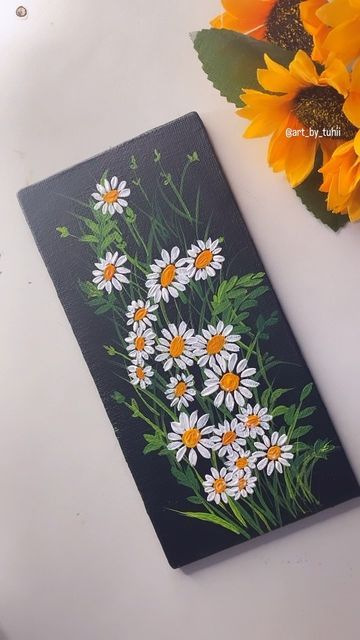 Canvas Sheet Art, Fabric Colour Painting On Paper, Daisy Flower Acrylic Painting, Painting Ideas Sunflowers, Daisy Art Painting, Daisy Flower Painting, Multi Canvas Painting, Fabric Colour Painting, Painting Flowers Tutorial