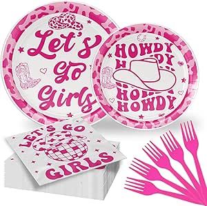 96 Pcs Cowgirl Party Decorations, Let's Go Girls Decorations Cowgirl Theme Birthday Party Supplies Includes Cowgirl Paper Plates Napkins and Plastic Cutlery Set Serve 24 Guests Cowgirl Theme Birthday, Cowgirl Decorations, Cowgirl Party Decorations, Pink Disco, Party Table Centerpieces, Rodeo Birthday, Cowgirl Birthday Party, Disco Cowgirl, Girl Birthday Themes