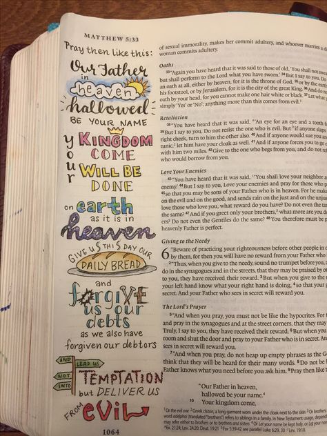 Bible Journaling, Matthew 6:9-13, The Lord's Prayer. Pitt pens, Inktense pencils, prismacolor pencils. Matthew 6 5-13, Matthew 6:9-13, Matthew Bible Notes, Matthew Bible Journaling Notes, Matthew Journaling Bible, Matthew 13 Bible Journaling, Matthew 6 Bible Journaling, Matthew 3 Bible Journaling, Matthew 7 Bible Journaling