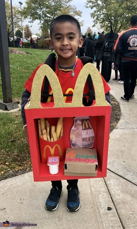 Mcdonalds Costume Ideas, Halloween Costumes Boys Diy, Chicken Nugget Halloween Costume, Mail Truck Costume, Chicken Nugget Costume Diy, Mcdonald's Halloween Costume, Restaurant Halloween Costumes, Chicken Nugget Costume, Happy Meal Costume