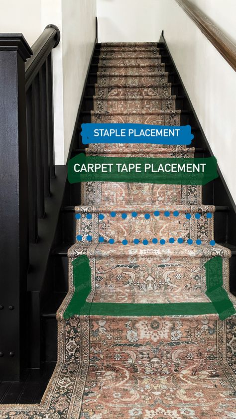 Installing A Stair Runner, How To Install Carpet Runner On Stairs, Basement Stair Runner Ideas, Eclectic Stair Runner, How To Put A Runner On Stairs, Stairs With Rug Runner, How To Trim Stairs, Basement Stairs With Runner, Stairwell Runner Ideas