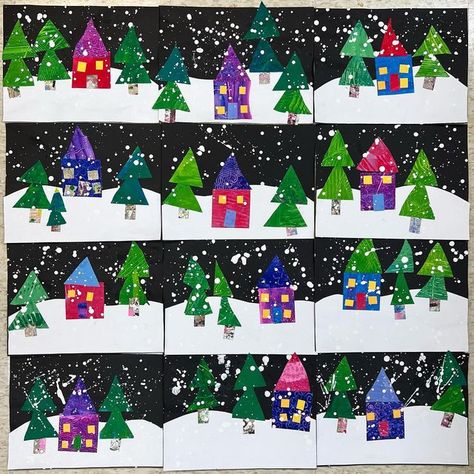 Kindergarten House Art, Winter Tree Art Projects For Kids, Christmas Crafts Ks2, 1st Grade Christmas Art Projects, Christmas Art Ks2, Christmas Art Kindergarten, Christmas Cards For Kids To Make, Kindergarten Christmas Art, Winter Art Kindergarten