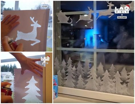 Window Spray Snow Ideas, Simple Snow Spray Window Ideas, Fake Snow Decorations Window, Fake Snow Spray Ideas, Fake Snow On Windows, Window Christmas Decor Ideas Diy, Spray Snow Window Art, Christmas Windows Painted, Spray Snow Windows Ideas