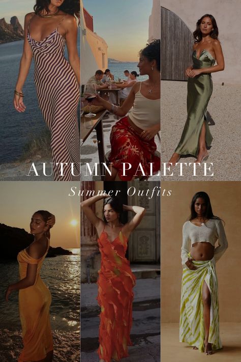 Autumn Colour Analysis - Summer outfit ideas for Autumns to still feel summery Autumn Color Palette Outfits For Summer, Warm Autumn Summer Outfits, True Autumn Summer Outfits, Warm Autumn Outfits For Summer, Deep Autumn Summer Outfits, Deep Autumn Outfits For Summer, Dark Autumn Outfits For Summer, Warm Autumn Color Palette Outfits, Warm Autumn Aesthetic