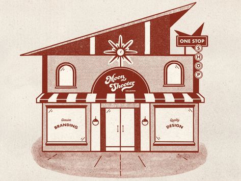 Storefront Illustration for Moonshooter Collective by Spencer Brokaw on Dribbble Storefront Illustration, Elements Logo, Lighthouse Drawing, Shop Facade, Cute Store, Graphic Shirt Design, Coffee Shop Logo, Mid Century Illustration, Line Artwork