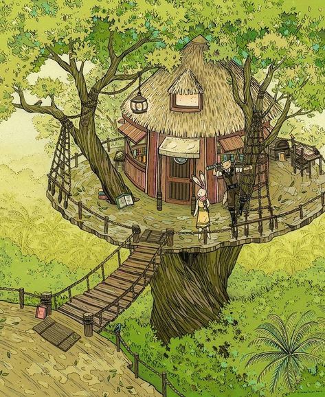 House In A Tree Drawing, Fantasy Treehouse Concept Art, Treehouse Concept Art, Treehouse Drawing, Treehouse Aesthetic, Treehouse Illustration, Drawings Of Eyes, Treehouse Art, Fantasy Treehouse