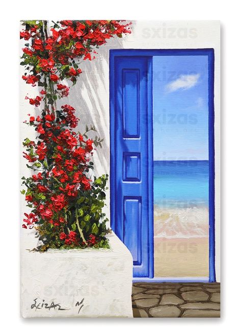 Greece Painting, Greek Paintings, Soyut Sanat Tabloları, Nature Art Painting, Blue Door, Amazing Art Painting, Water Painting, Art Painting Acrylic, Painting Art Projects