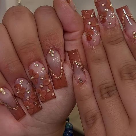 Color Tone: Brown Nail Shape: Square Shape Nail Length: Long Nail Pattern: Flower,Glitter Nail Finishes: Glossy China Nails, Nails Love, Nagel Tips, New Nail Art, Fake Nail, Nail Length, Stick On Nails, Nail Art Hacks, False Nail