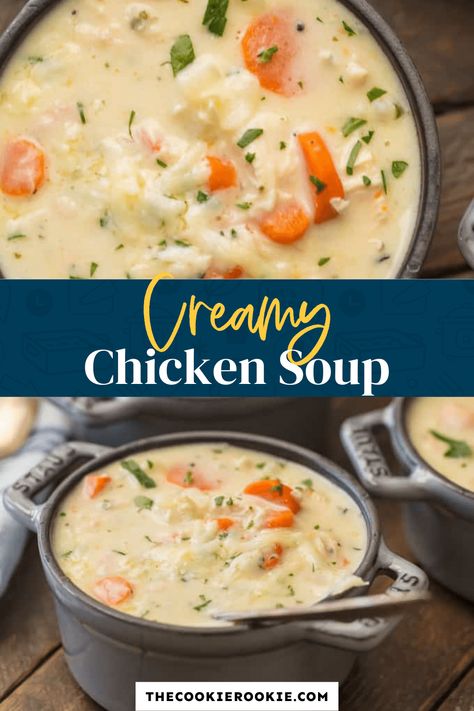 Chicken Soup is a classic. This CREAMY chicken soup recipe is one of my Mom's that I'll never get tired of. It's truly one of the best soup recipe EVER, and I'm so proud it's in our family. I love having a batch of this in my freezer at all times for when I need comfort food, or when I'm feeling a little under the weather. By far the best chicken soup recipe you'll ever taste! #thecookierookie #chickensoup #chicken #soup The Best Chicken Soup, Best Chicken Soup Recipe, Best Chicken Soup, Chicken Soup Crockpot, Chicken Soup Recipes Homemade, The Best Soup, Cream Soup Recipes, Best Soup, Chicken Soup Recipe