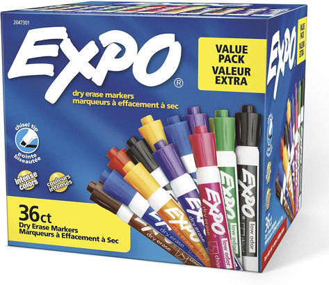 Chisel tip for broad, medium, or fine lines Low-odor ink formula erases cleanly and is ideal for classrooms, offices and home offices For use on whiteboards and most non-porous surfaces Bold color is easy to erase and easy to see from a distance Includes: 5 Black, 5 Red, 5 Blue 5 Green, 4 Orange, 4 Pink, and 4 Brown dry erase markers Power School, Neon Markers, Expo Marker, Calendar Board, Liquid Chalk Markers, Marker Board, Whiteboard Marker, Chalk Markers, Home Offices