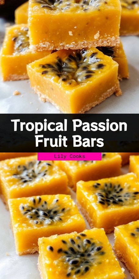 Tropical Passion Fruit Bars Recipe: Sweet & Tangy Delight Create a taste of paradise with our Tropical Passion Fruit Bars. These sweet and tangy bars with a buttery crust are perfect for fruity dessert lovers. Easy to make and irresistible, they're a must-try for any occasion! ..... Passion Fruit Bars, Passion Fruit Filling, Passion Fruit Recipes, Passionfruit Dessert, Fruit Bars Recipe, Lemon Tiramisu, Fruity Dessert, Histamine Diet, Passion Fruit Curd